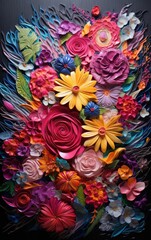 Vibrant 3D Floral Bouquet Paper Art with Bold Colors and Layered Petals