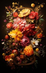 Vibrant Autumn Floral Bouquet Painting in Rich Golden Frame