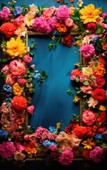 Vibrant Floral Arrangement in Ornate Frame on Blue Background, Still Life Photography
