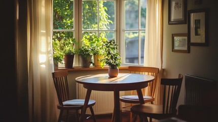 Sunlit dining area with wooden table and chairs near window with potted plants