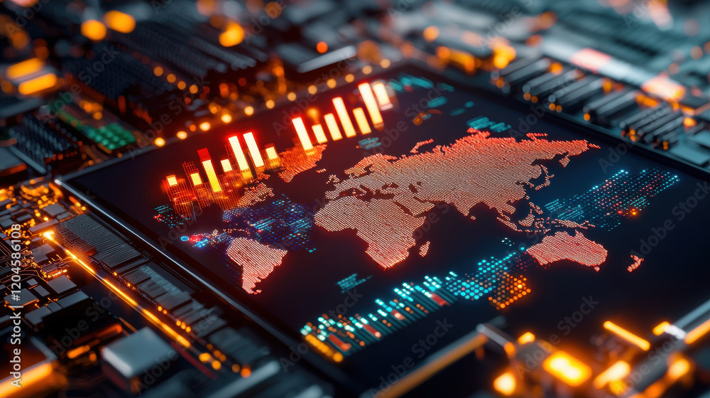 Fototapete cinematic shot of world map displayed on digital screen, highlighted with economic data and graphs, showcasing technology and global connectivity