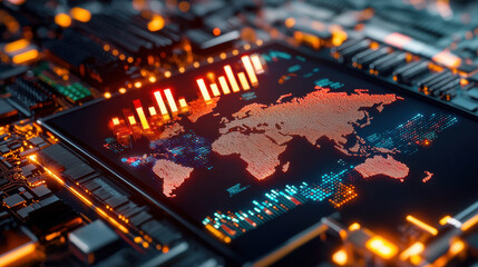 cinematic shot of world map displayed on digital screen, highlighted with economic data and graphs, showcasing technology and global connectivity