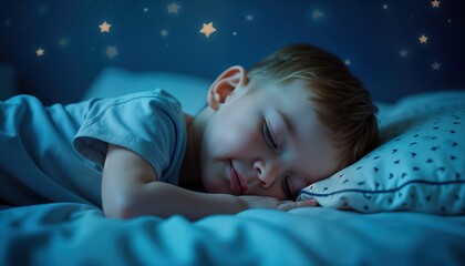 Cute little boy sleeps peacefully on bed. Soft blue light, stars create dreamy night sky atmosphere. Close-up shot of child face. Indoor environment. Sweet dreams image. Ideal for children products,