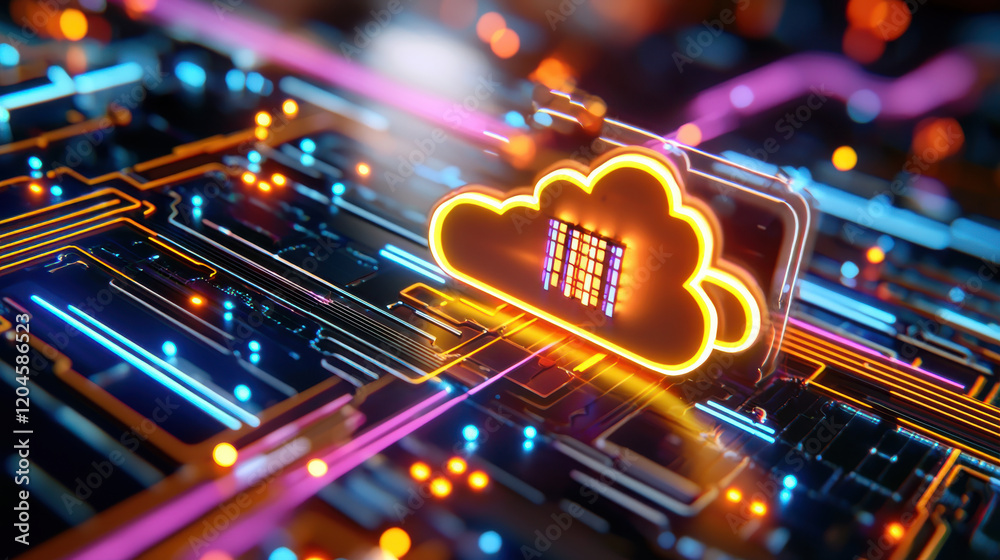 Poster vibrant cloud symbol on circuit board, representing data flow and technology. image captures essence of digital connectivity and innovation in modern landscape