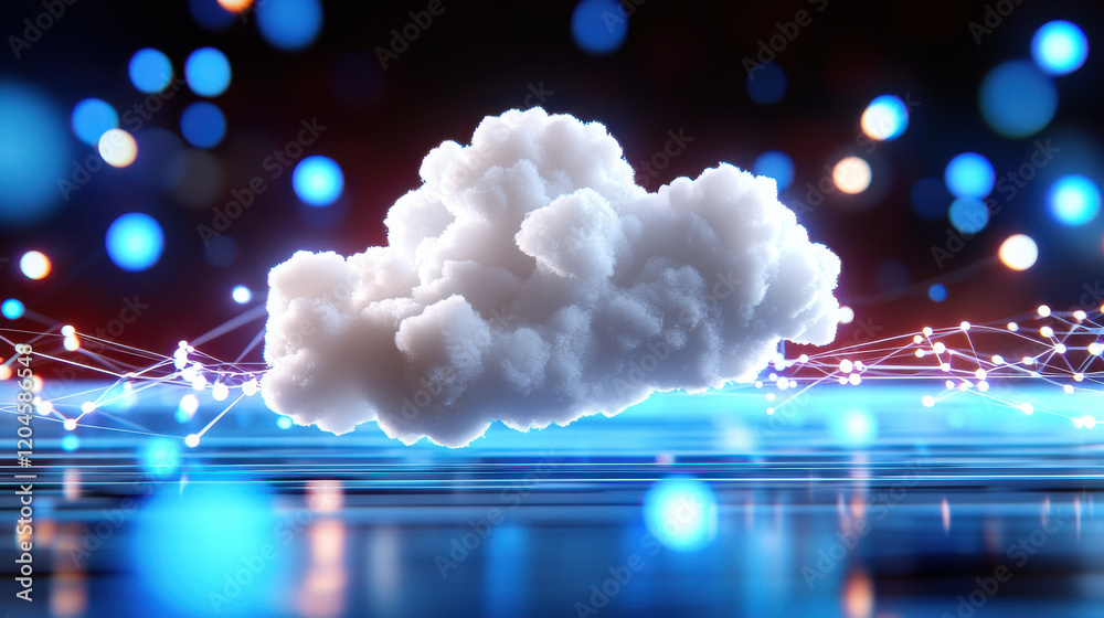 Aufkleber cloud representing cloud based software solution, surrounded by glowing data connections and vibrant lights, symbolizes innovation and technology