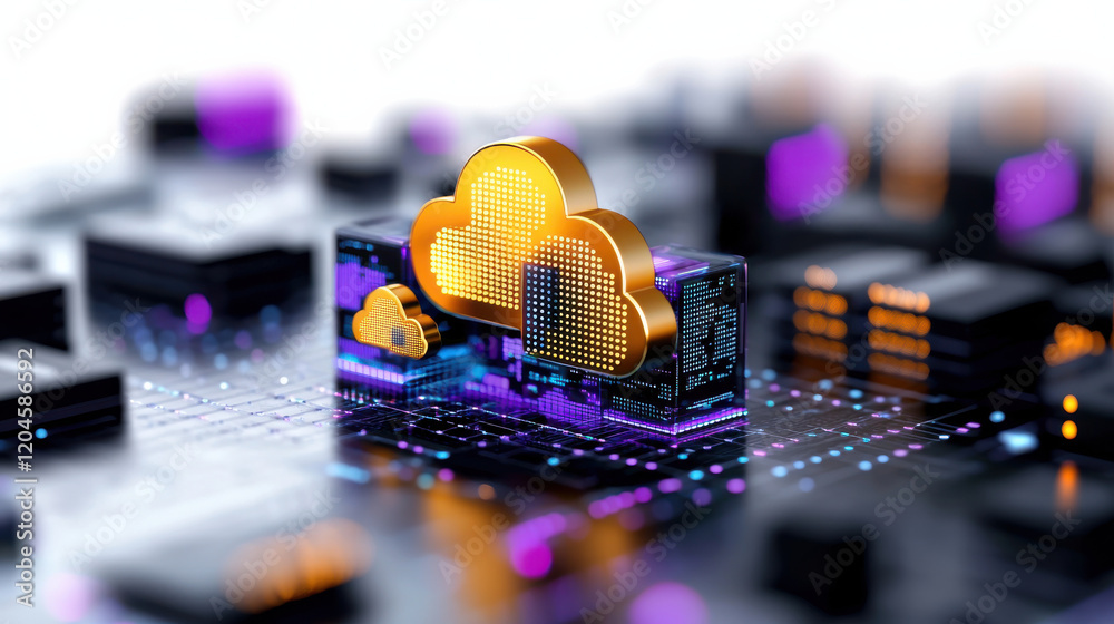Poster cinematic view of cloud based software solution featuring vibrant cloud icons and digital elements, symbolizing technology and innovation