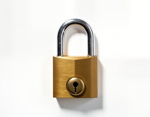 Fototapeta premium Unlocked brass padlock on white background. Security concept. Isolated object. Strong metal lock. Simple design. Business personal use. Ideal for security themes. Protection, safety. Open lock. Lock