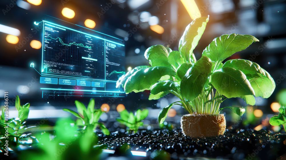 Aufkleber digital interface monitoring plant growth with vibrant greenery. scene showcases advanced technology in agriculture, highlighting connection between nature and innovation