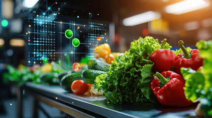 vibrant display of fresh vegetables with digital interface overlay, showcasing blend of technology and agriculture. This captures essence of modern food monitoring and sustainability