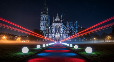 Obraz premium Glowing cathedral at night. Light trails, fog, illuminated pathway, glowing spheres, red light. Stunning architecture and cityscape.
