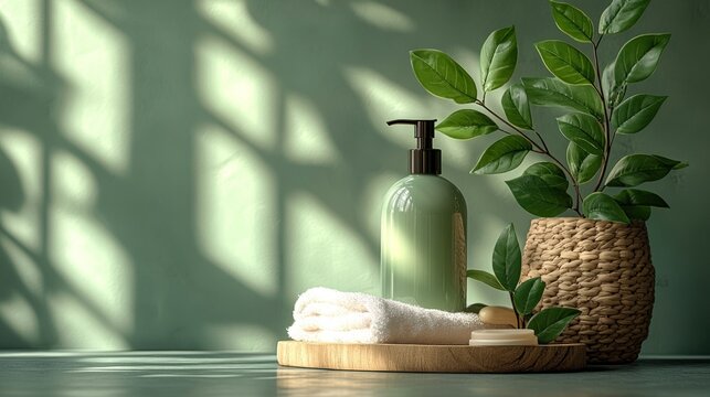 Green spa product display, sunlight, leaves