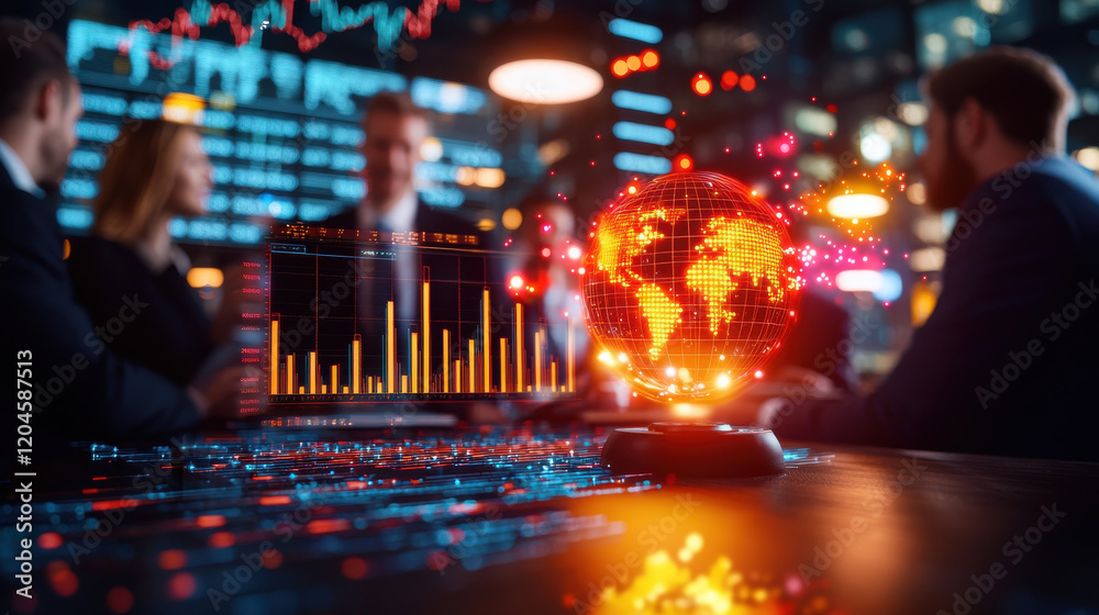 Poster cinematic view of business professionals discussing global trade trends with digital globe and data 