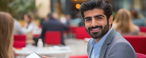 Obraz premium A smiling man sits outdoors at a cafe, engaging with friends, showcasing a relaxed atmosphere and stylish attire.