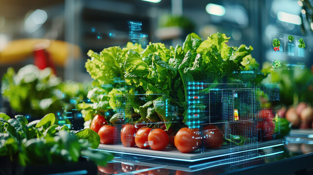 cinematic view of fresh vegetables, including lettuce and tomatoes, with digital overlays showcasing packaging solutions. scene highlights modern agricultural technology