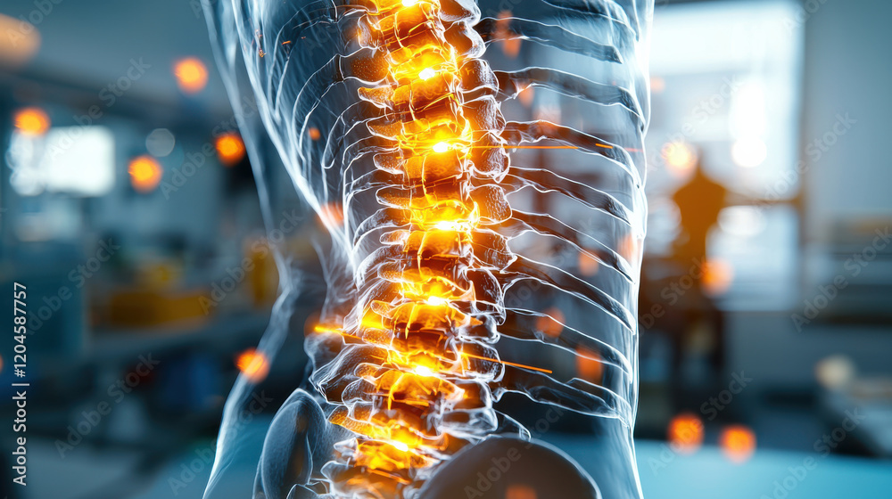 Poster clinical x ray image focusing on human spine, showcasing vertebrae and intervertebral discs with hig
