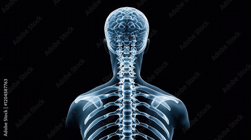 Poster image showcases detailed x ray of human spine and brain, highlighting intricate structure of vertebr