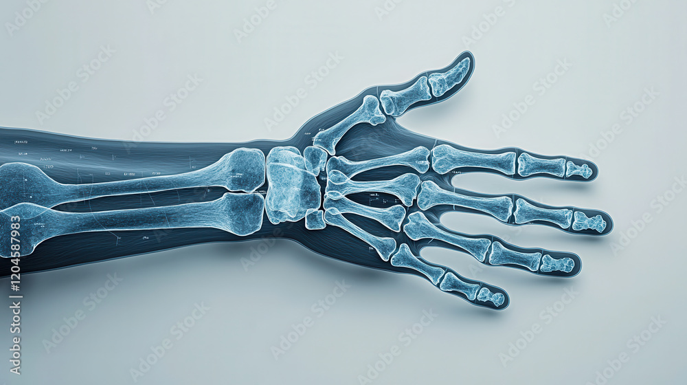 Poster clinical x ray scan of human hand and wrist, showcasing detailed bone structure and alignment. this 