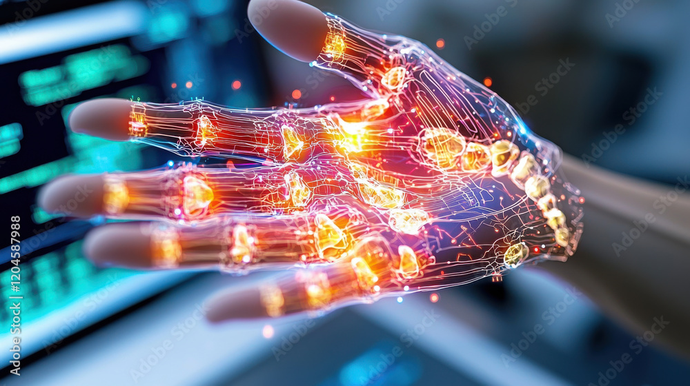 Poster futuristic representation of human hand with glowing circuits and digital elements, symbolizing tech