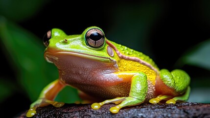Naklejka premium Vibrant green frog posing on log, rainforest background, wildlife photography for nature documentaries