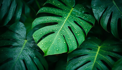 Fototapeta premium Vibrant green monstera leaves covered in water droplets, radiating a refreshing and tropical ambiance, symbolizing nature's beauty, serenity, and purity