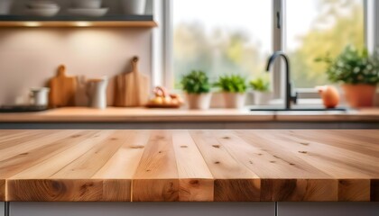 Wooden kitchen countertop surface on blurred kitchen background. Empty table mockup for displaying products