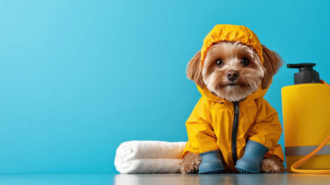 small dog wearing bright yellow raincoat and booties sits beside towel and yellow bottle against blue background, ready for rainy day adventure