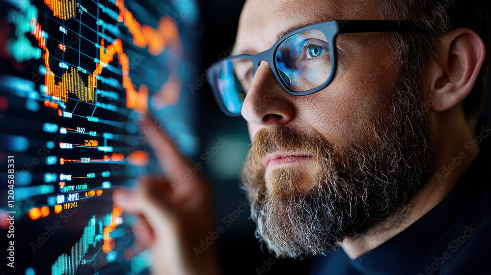 Leinwandbilder financial analyst examines data on digital screen, showcasing advanced analytics and market trends. focused expression highlights importance of data interpretation