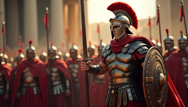 Roman centurion leads legionnaires. Ancient soldiers march in formation. Historical reenactment. Military parade battle preparation. Armor, weaponry displayed. Ancient Roman empire. Focus on