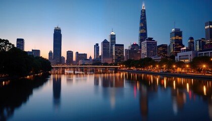 Fototapeta premium City skyline at dusk reflects in calm water. Modern buildings line river. Streetlights illuminate waterfront. Trees line riverbanks. Beautiful urban landscape. Golden hour lighting. Travel