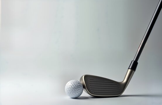 Closeup golf club, ball on plain background. Sports equipment for golfing hobby. Ideal for golf promotions. Ready for precise shot. Leisure activity concept. Modern metal club, white ball. Trendy