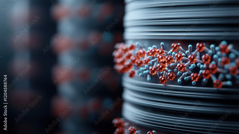 Poster nanotechnology in healthcare showcases molecular structures and interactions, emphasizing innovation