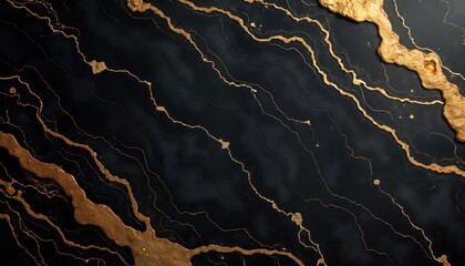 Abstract black marble texture with gold accents. Stylish design with deep black background, flowing gold veins. Luxury material style suitable for interior design projects like wall coverings