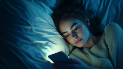 Exhausted Young Woman Lying in Bed at Night, Staring at Her Smartphone: A Moment of Rest, Technology, and Late-Night Reflection in a Cozy Bedroom Setting