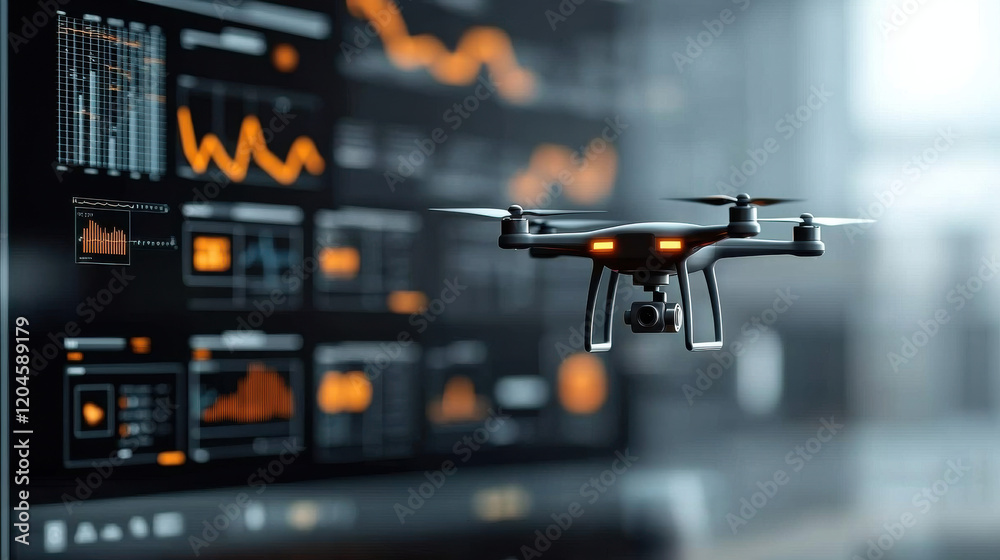 Aufkleber drone flying in front of digital display with data analytics and graphs, showcasing technology and innovation in aerial delivery systems
