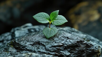 A small green plant with tender leaves grows resiliently on a dark, textured rock, symbolizing nature's perseverance and beauty.