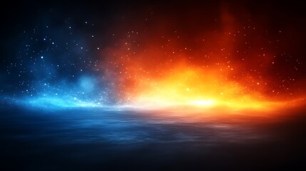 Abstract fiery and icy landscape with glowing particles