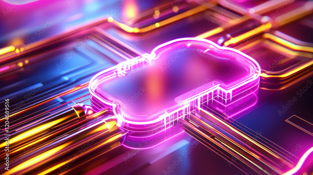 Poster futuristic 3d illustration of glowing cloud symbol on digital circuit board, showcasing vibrant colo