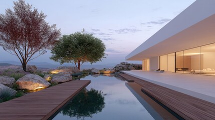 Modern hillside villa with infinity pool at dusk. Luxury real estate marketing