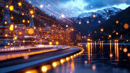futuristic digital overlay illuminates hydroelectric plant by serene lake, surrounded by mountains. scene is vibrant with glowing lights and reflections, creating captivating atmosphere