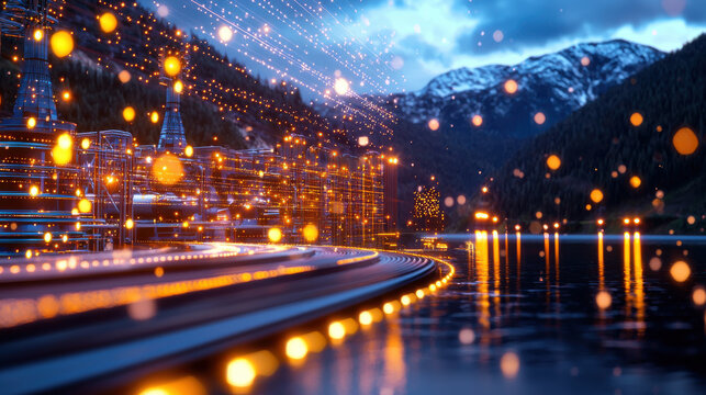 futuristic digital overlay illuminates hydroelectric plant by serene lake, surrounded by mountains. scene is vibrant with glowing lights and reflections, creating captivating atmosphere
