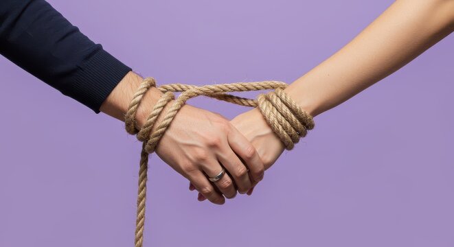 A man and a woman hold hands tied with a rope, symbolizing the entanglement and pain of codependent relationships