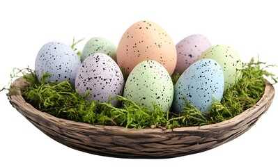 Pastel Easter Eggs Nestled In Mossy Wooden Bowl