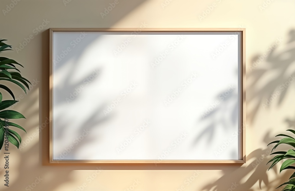 Poster blank white canvas mockup framed in light wood hangs on beige wall. plant shadows cast soft patterns