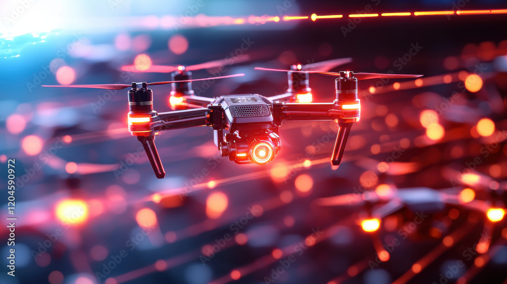 Poster Advanced drone technology in swarm formation with glowing lights