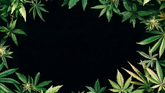 Green cannabis leaves creating a natural border with a dark background, perfect for artistic and informational designs
