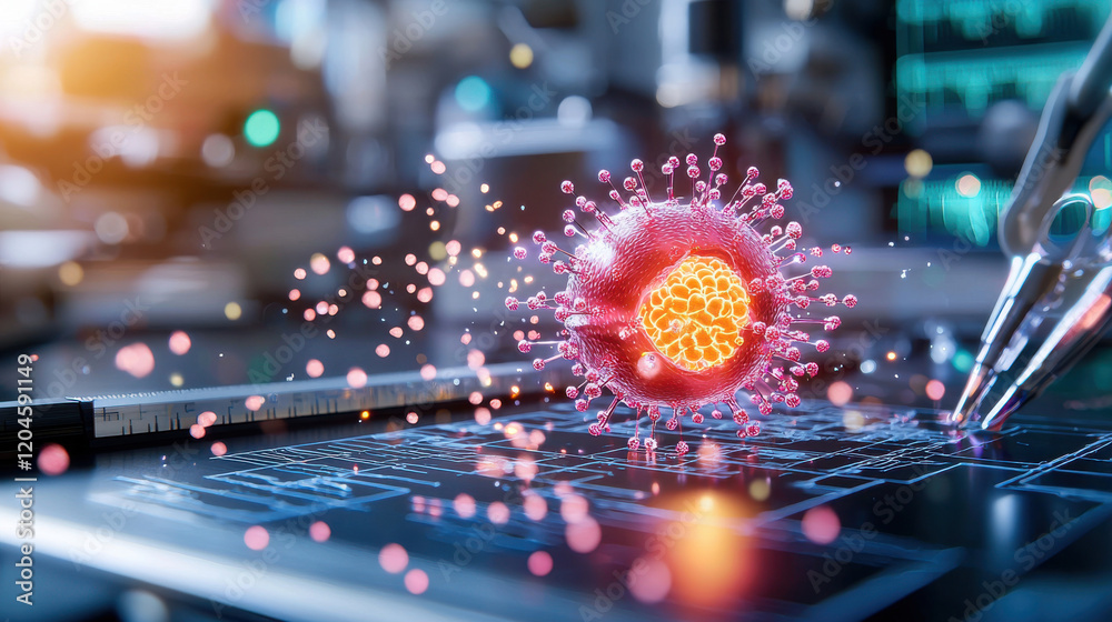 Poster detailed 3d representation of virus interacting with digital interface, showcasing scientific resear