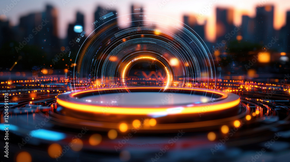 Poster high resolution 3D visualization of futuristic circular interface with glowing elements, set against city skyline at sunset, evokes sense of advanced technology and innovation