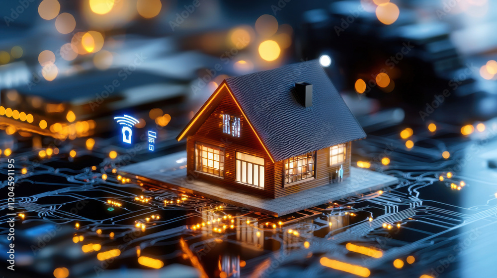 Fototapete high resolution 3d visualization of smart home on circuit board, showcasing modern technology and co