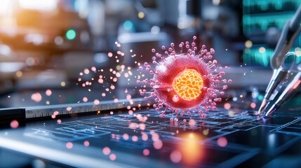 detailed 3D representation of virus interacting with digital interface, showcasing scientific research and technology. image conveys sense of innovation and discovery