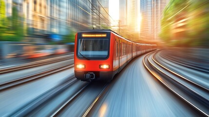 Modern Train Speeding Through Cityscape at Sunset